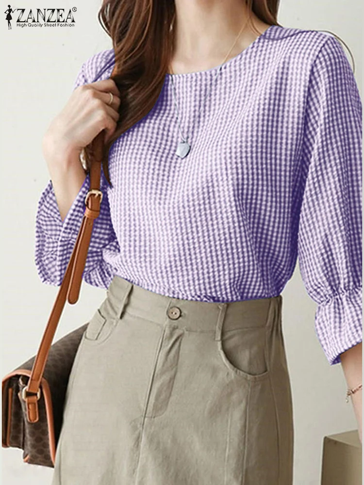 

ZANZEA Vintage Elegant Tunic Tops High-Low Casual Loose Woman O-Neck Blouses Women Gingham 2025 Summer 3/4 Sleeve Blusas Mujer