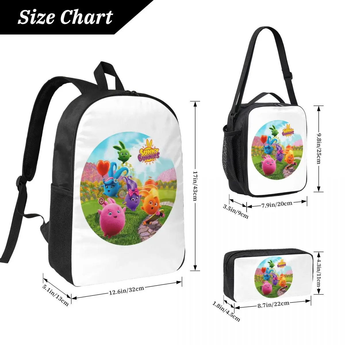Sunny Bunnies Anime Cartoon Backpack Student BookBag School Bag Computer Shoulder Bags 3ps Insulated Lunch Bag Pencil Case