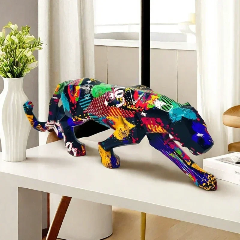 25.5cm Graffiti Panther Statue Animal Figurine Abstract Geometric Style Resin Leopard Sculpture Home Office Desktop Decoration