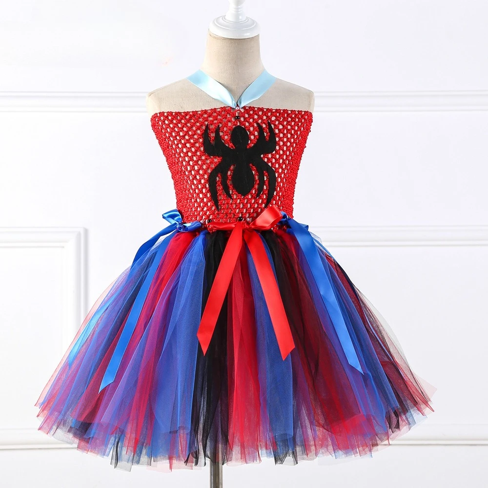 Girls Halloween Spider Black Mesh Tutu Dress Kids Ghost Day Holiday Party Stage Gothic Style Fluffy Layer Scary Princess Outfit
