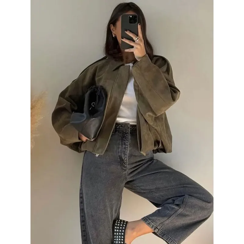 

Women Brown Green Suede Jacket Loose Casual Bomber Coat Lapel Zipper Long Sleeve Jackets Vintage Lady Motorcycle Outwears