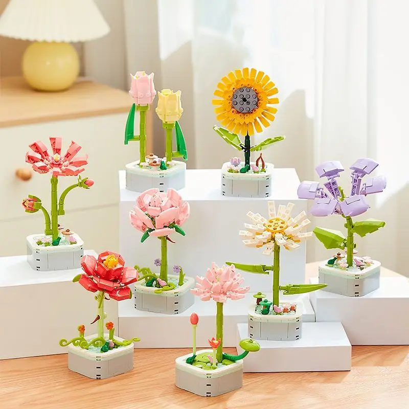 Building block flowers, potted plants, sunflowers, tulips, fragrant flower decorations, puzzle toys, holiday gifts