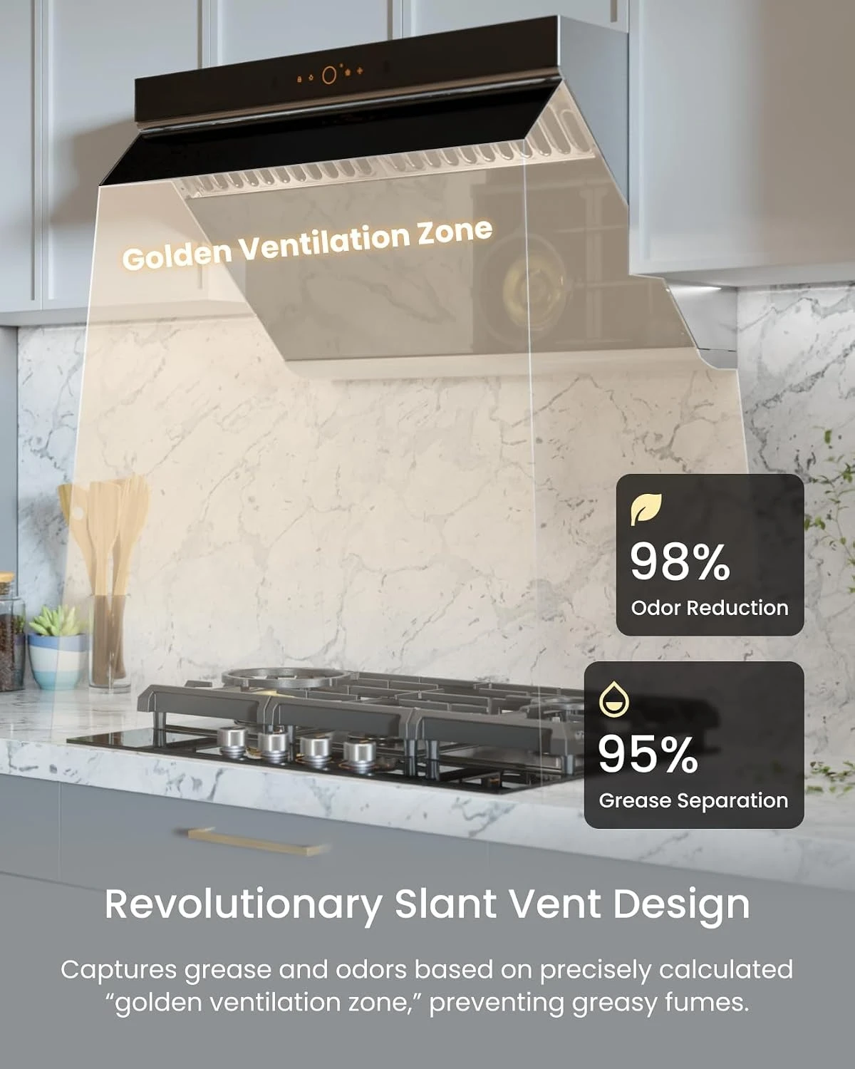 JQG7507 1100 CFM Range Hood, Under Cabinet or Wall Mount Kitchen Hood, 4 Speed, LED Lights, Fingerprint Resistant, Customized