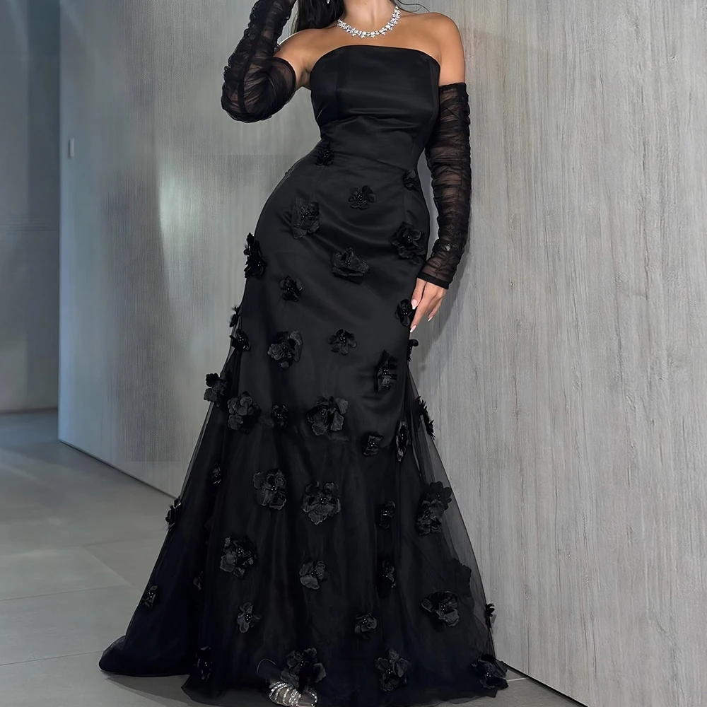 

Customized Tulle A-Line Detachable Sleeve Appliques and Pearls Evening Dress Strapless Floor Length Panel Train Black Classic