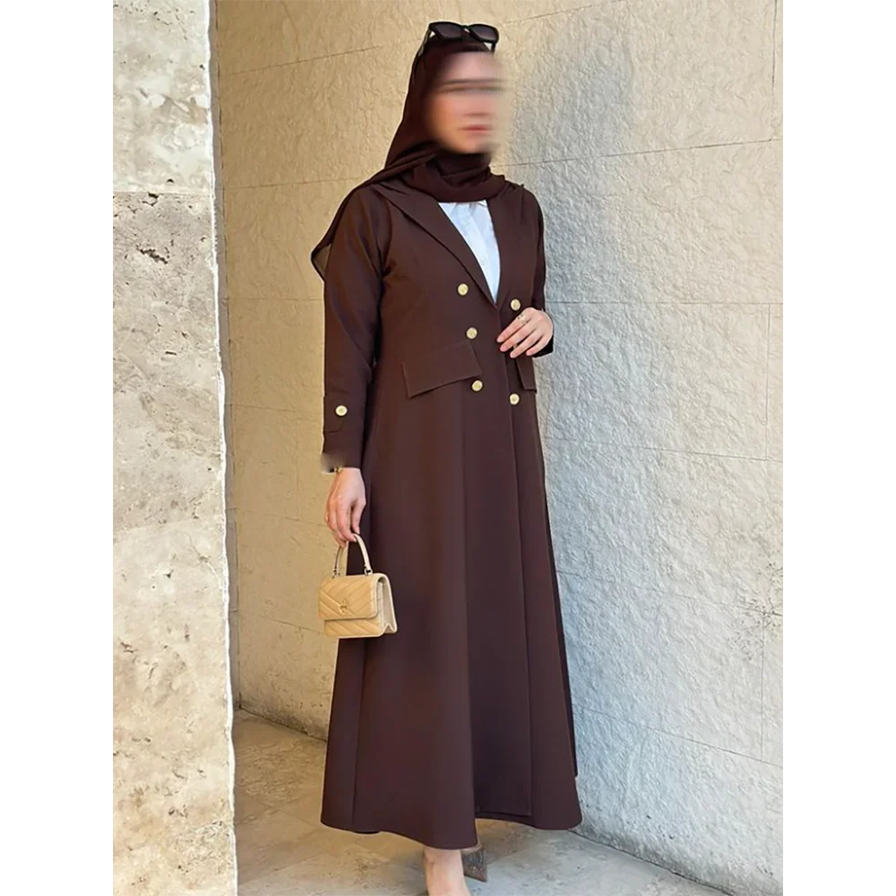 Chic Brown Double Breasted Women Long Jacket Slim Double Breasted Female Daily Coat Formal Ankle Length Dress