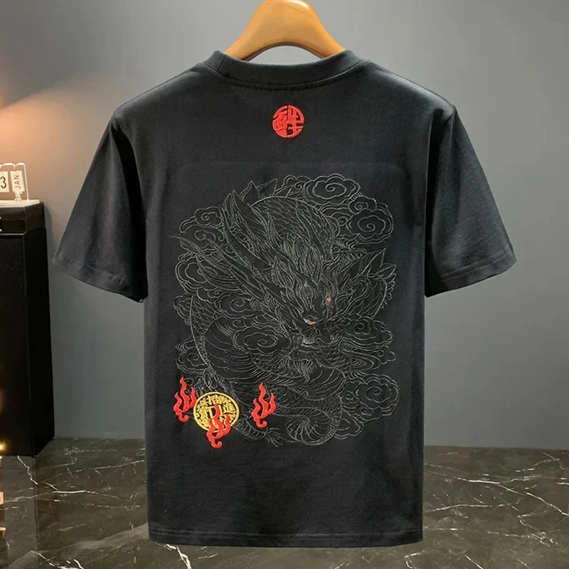 Chinese Loong Embroidery Printed Short Sleeve T-shirt Men's 2026 Summer Loose Casual Fashion National Style Retro Top