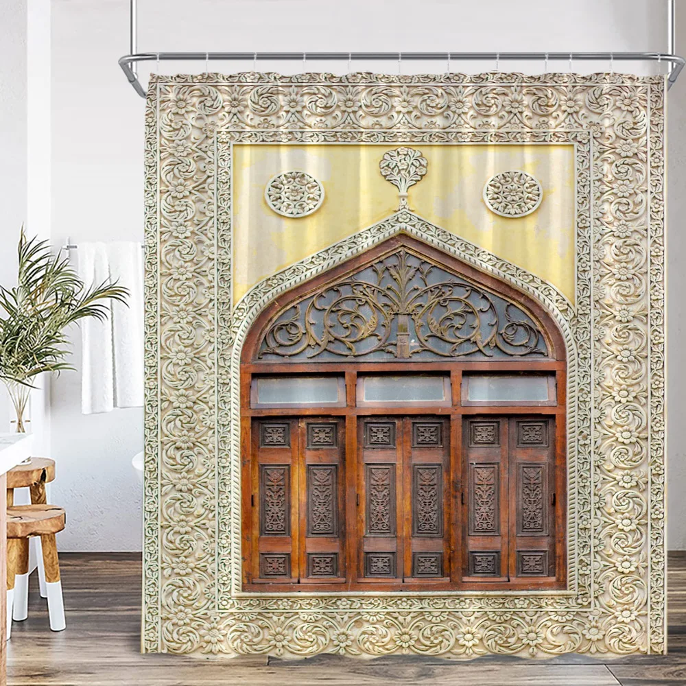 3D Moroccan Vintage Shower Curtain Aged Gate Geometric Pattern Doorway Design Entrance Architectural Oriental Style Bathroom Cur