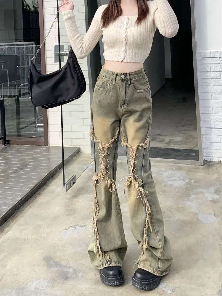 

American Design Jeans Raw Edge Bandage Solid Color High Waist Female Slim Bell-bottoms Pants Fashion Vintage Women Clothing 2024