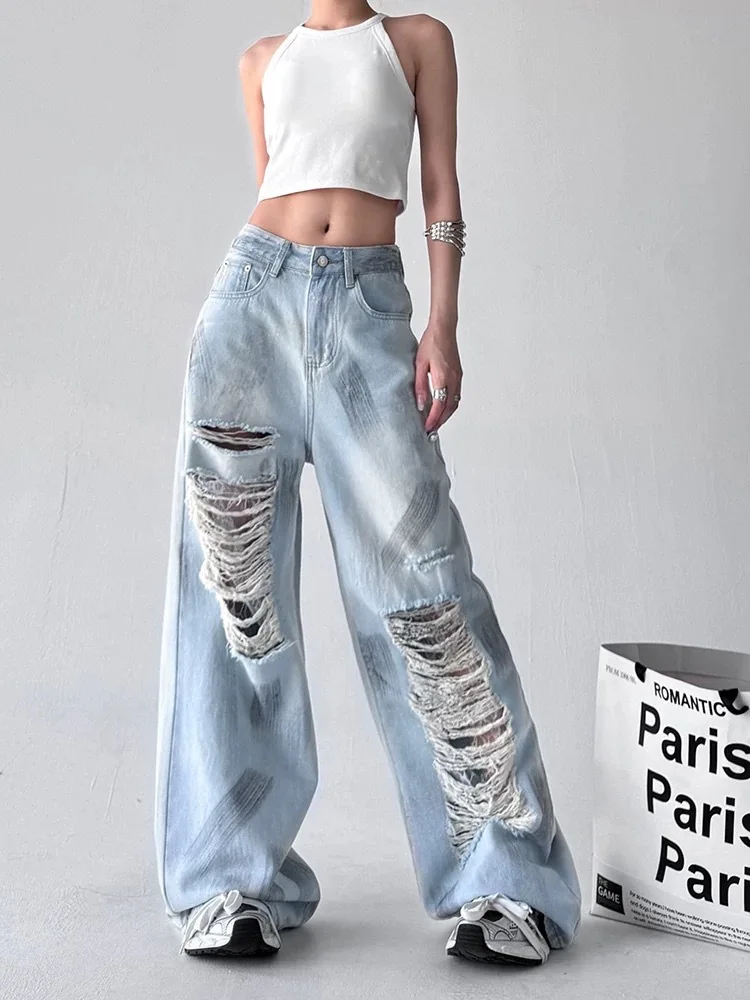 

Американские уличные женские джинсовые брюки с рваными дырками, новинка 2025 года, повседневные джинсы с высокой талией в полный рост, свободные широкие прямые брюки