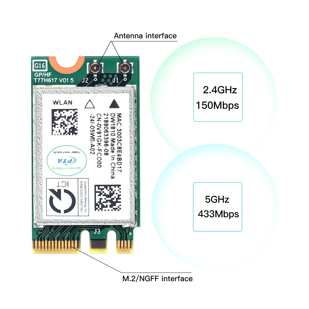 Qualcomm Atheros QCA9377 무선 어댑터 카드 NGFF WIFI 802.11AC 2.4G/5G QCNFA435 Bluetooth 4.1 노트북 Window7/10/11 용