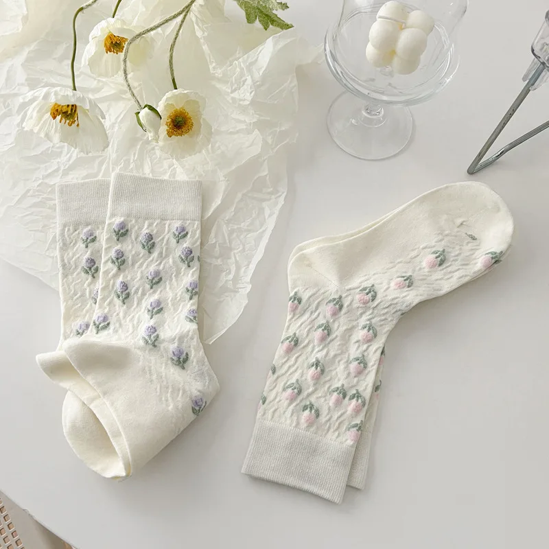 Woman Spring Summer Flower Socks Students Cute Sweet Thin Middle Tube Sock