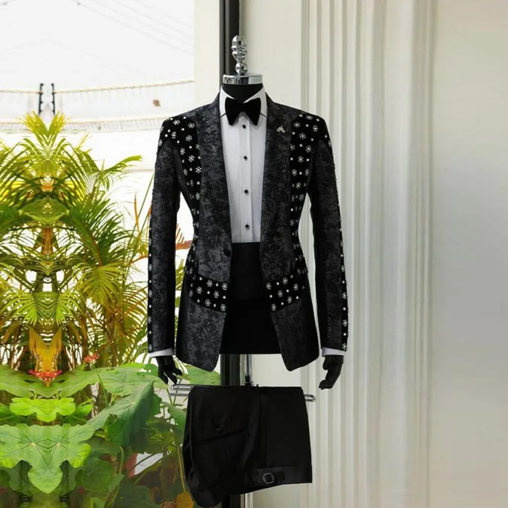 Eleganckie smokingi dla pana młodego wykonane na zamówienie błyszczące kryształy z koralikami garnitury ślubne dla mężczyzn Slim Fit 2-częściowe