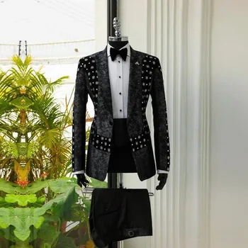 Elegante Groom Smoking Cristais Sparkly Frisado Ternos De Casamento Para Homens Skinny 2 Peças Homem Vestidos Ocasião Formal Festa Personalizado