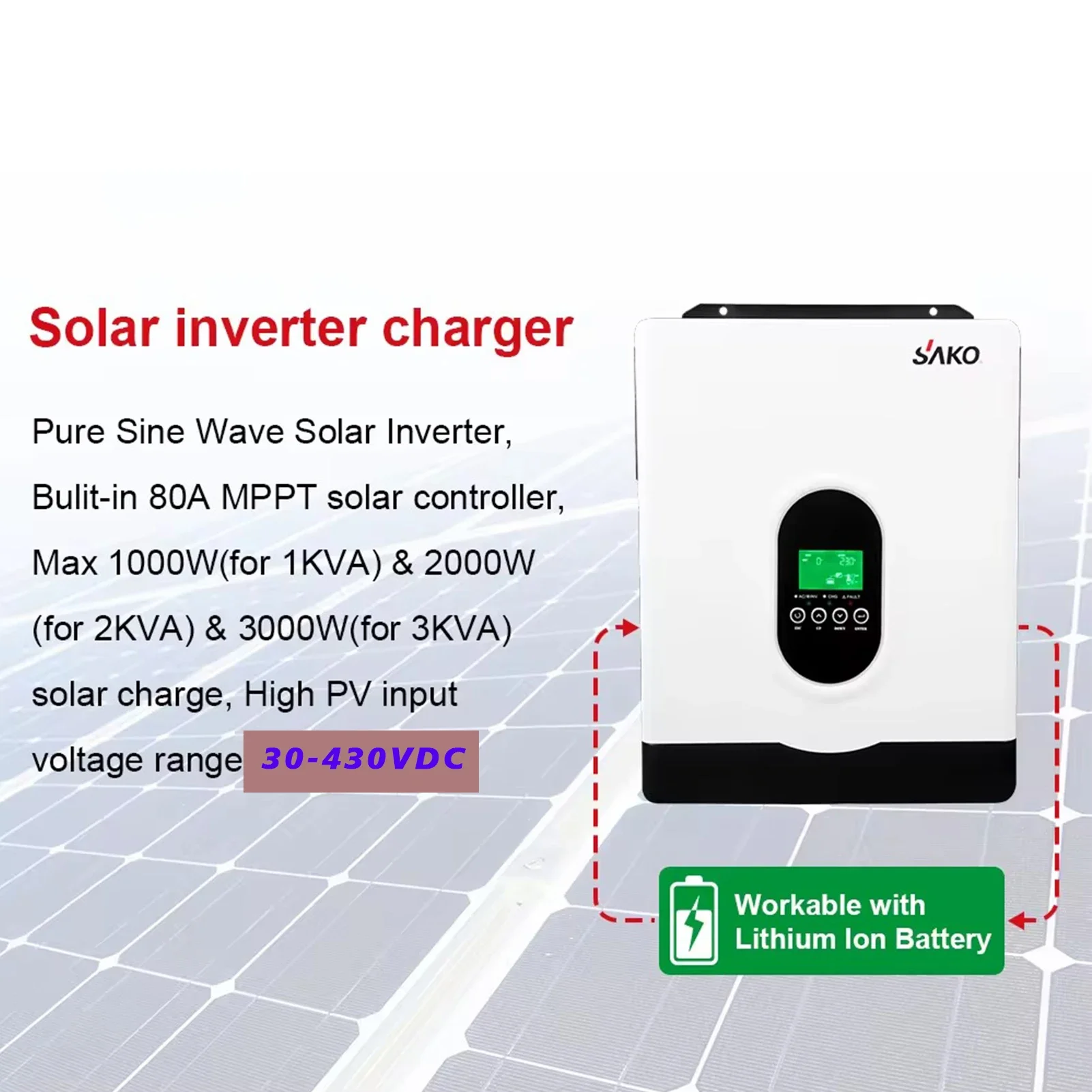 Sako 3.0KVA/2700W 24V High-Frequency Off-Grid Solar Inverter with MPPT 80A Solar Charger Controller, 230VAC Output, PV 30-400VDC