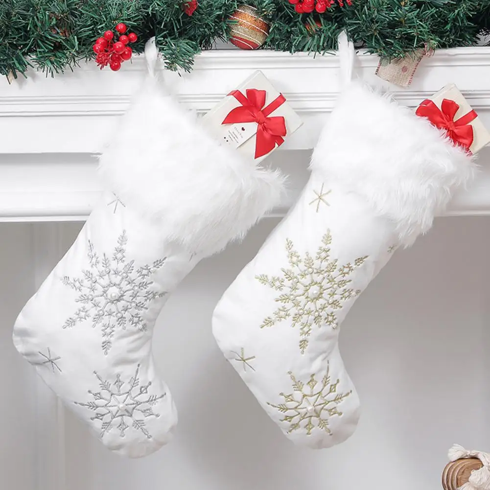 Strong Durable Christmas Decoration Snowflake Embroidered Stockings with Plush Edge Festive Home Decor Gift for Xmas