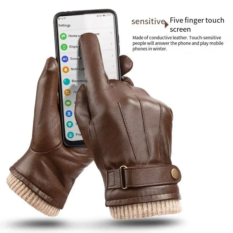 2026 Leather Warm Gloves Men Fashion Waterproof Faux Driving Thin for Touch Screen Brown Guantes Мотоперчатки Кожаные