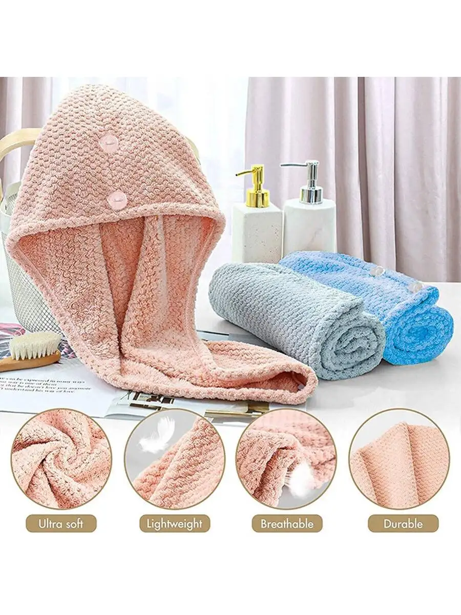 Coral Velvet Hair Towel Fast Drying Hair Towel Super Absorbent Quick Dry Towel for Women Microfiber Hair Drying Cap with Button