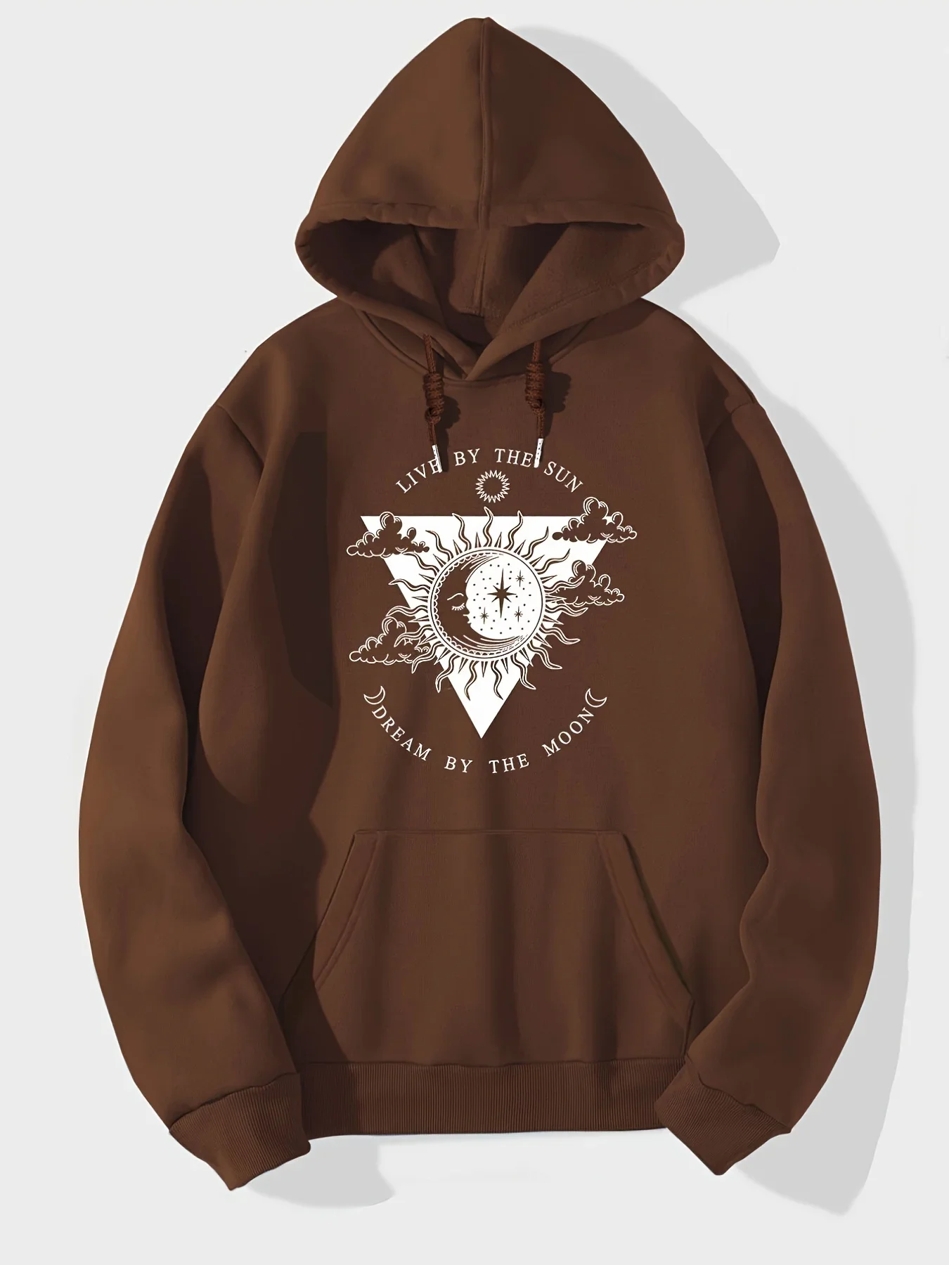 Men’s Gothic Occult Hoodie Sun Moon Triangle Mystical Graphic Chest Print Dark Streetwear Fleece Pullover Autumn Winter