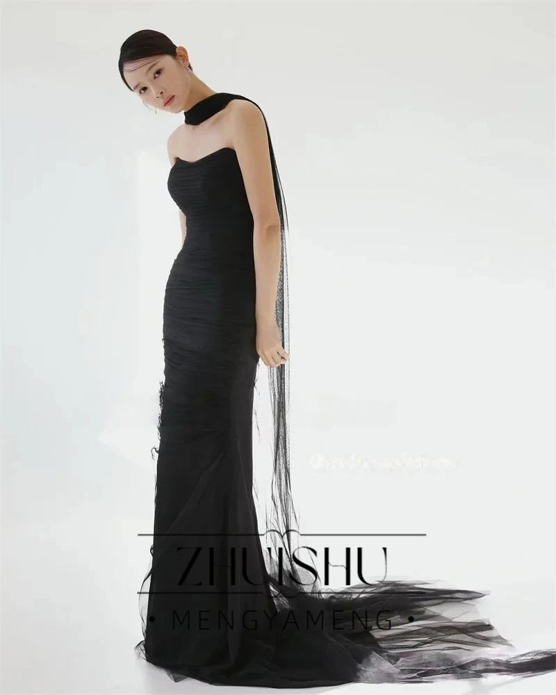 ZHUISHU Black Mermaid Evening Dresses Korea Wedding Photo shoot Soft Tulle Prom Gowns Corset Back Long Evening Party Corset