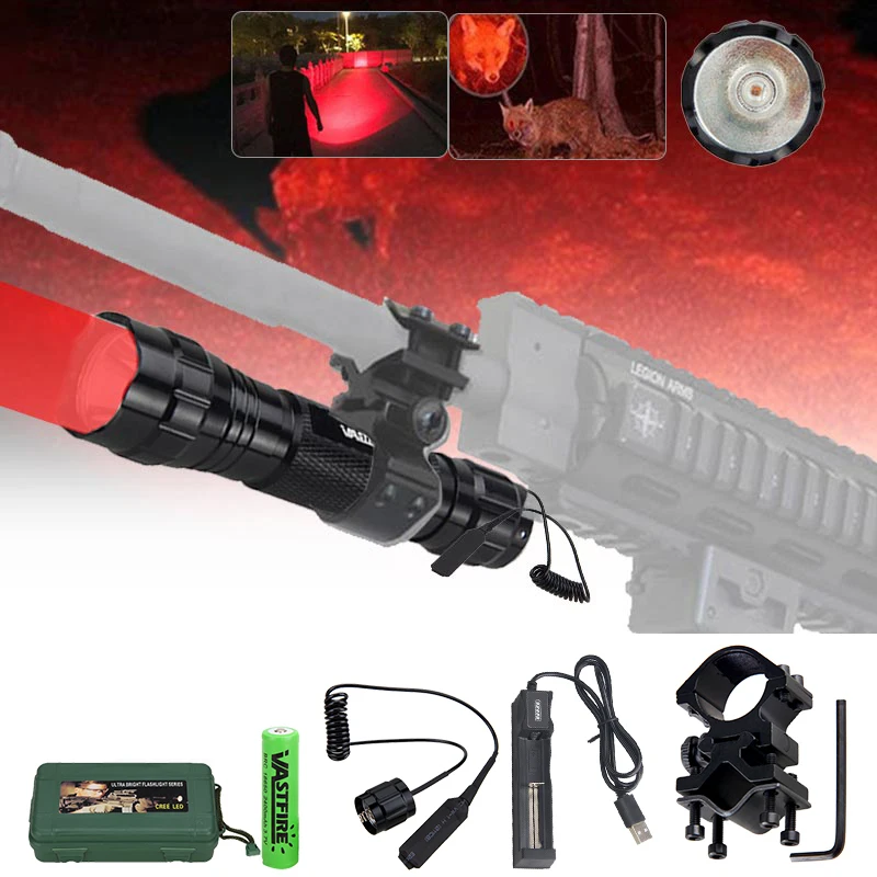 Tactical Red LED Light Flashlight Red Beam Lamp Power by 18650 with Rifle Scope Mount for Outdoor Hunting Camping Hiking