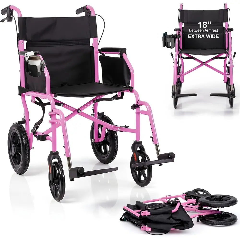 ingbird™ Ultra-Lightweight oldable Transport Wheelchair, Handbrakes,12-Inch Rear Wheels, Extra-Wide Seat. Convenient Table-Lengt