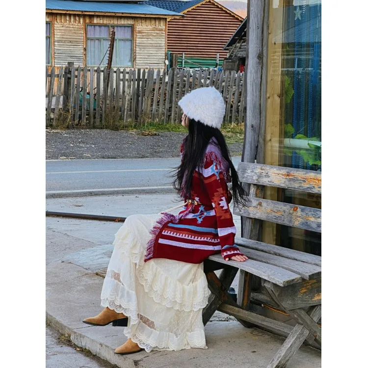 

Вязаный кардиган Nordic Sle с вышивкой, кружевом, цветочным узором, бахромой и геометрическим принтом, средней длины, из бархата, с длинными рукавами, женский