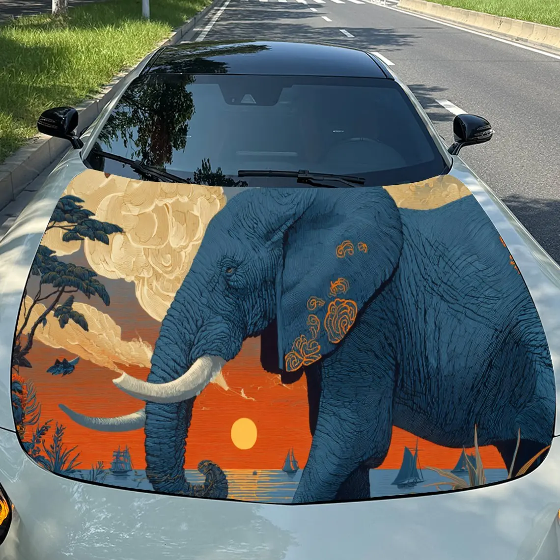 

Stunning Elephant against Sunset PVC Car Engine Hood Vinyl Wraps, Self-Adhesive Waterproof Car Hood Decal Sticker, Car Decoratio