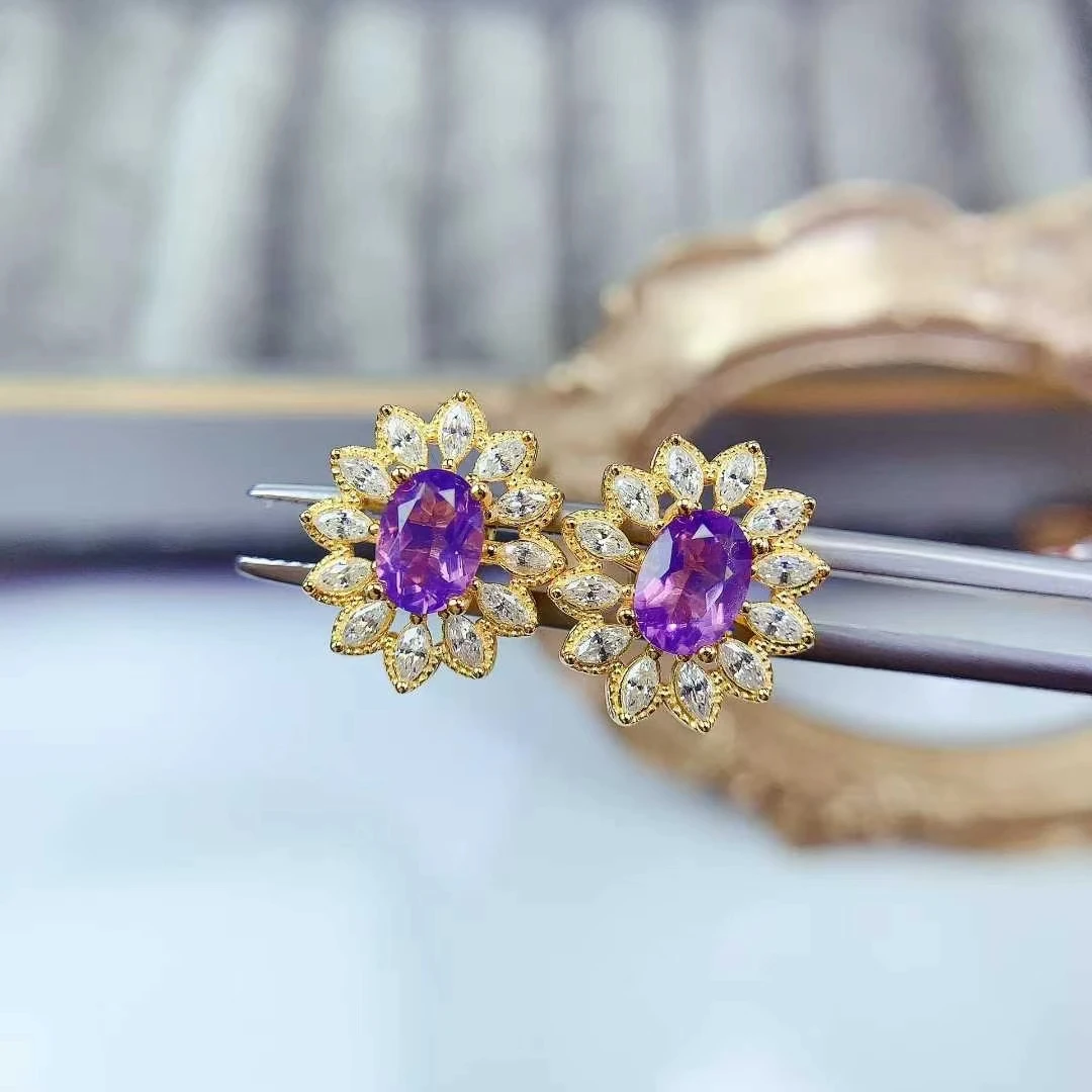 

VVS Grade Natural Amethyst Stud Earrings 925 Silver Crystal Jewelry 5mm*7mm Amethyst Stud Earrings with 18K Gold Plating