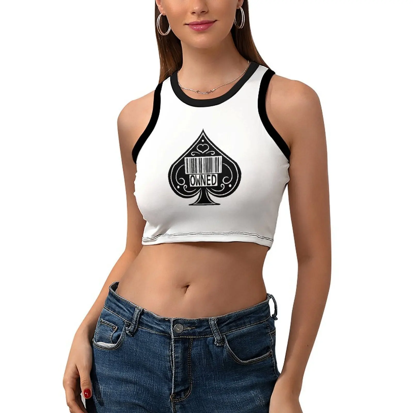 Women's Sleeveless Ringer Neck Crop Tank Top, Spade Barcode Graphic, Y2K Casual Streetwear Cropped Cami