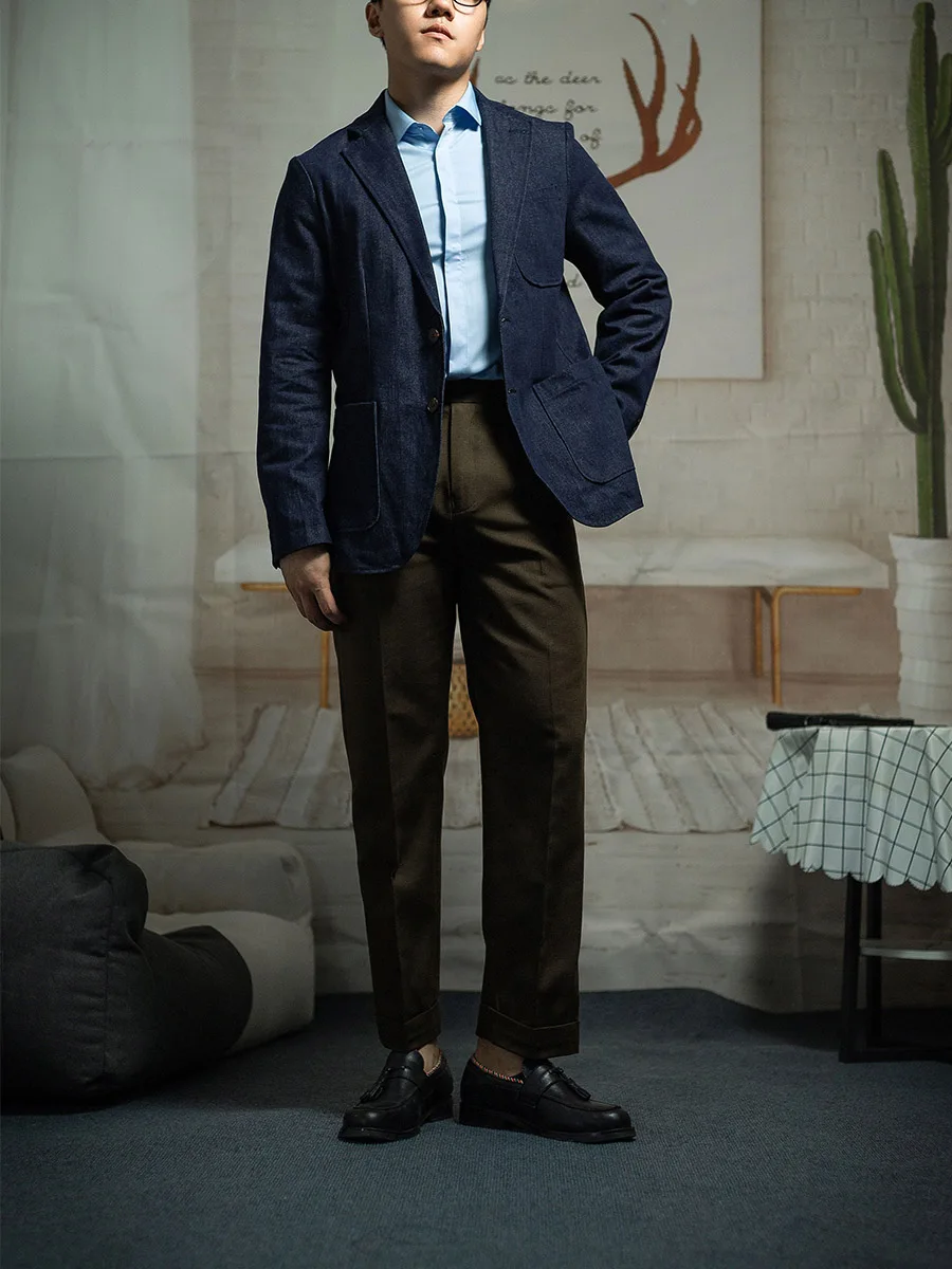 POT&CRAFTSMAN fall Italian vintage suit jacket men's cotton Slim single west denim suit top casual jacket man