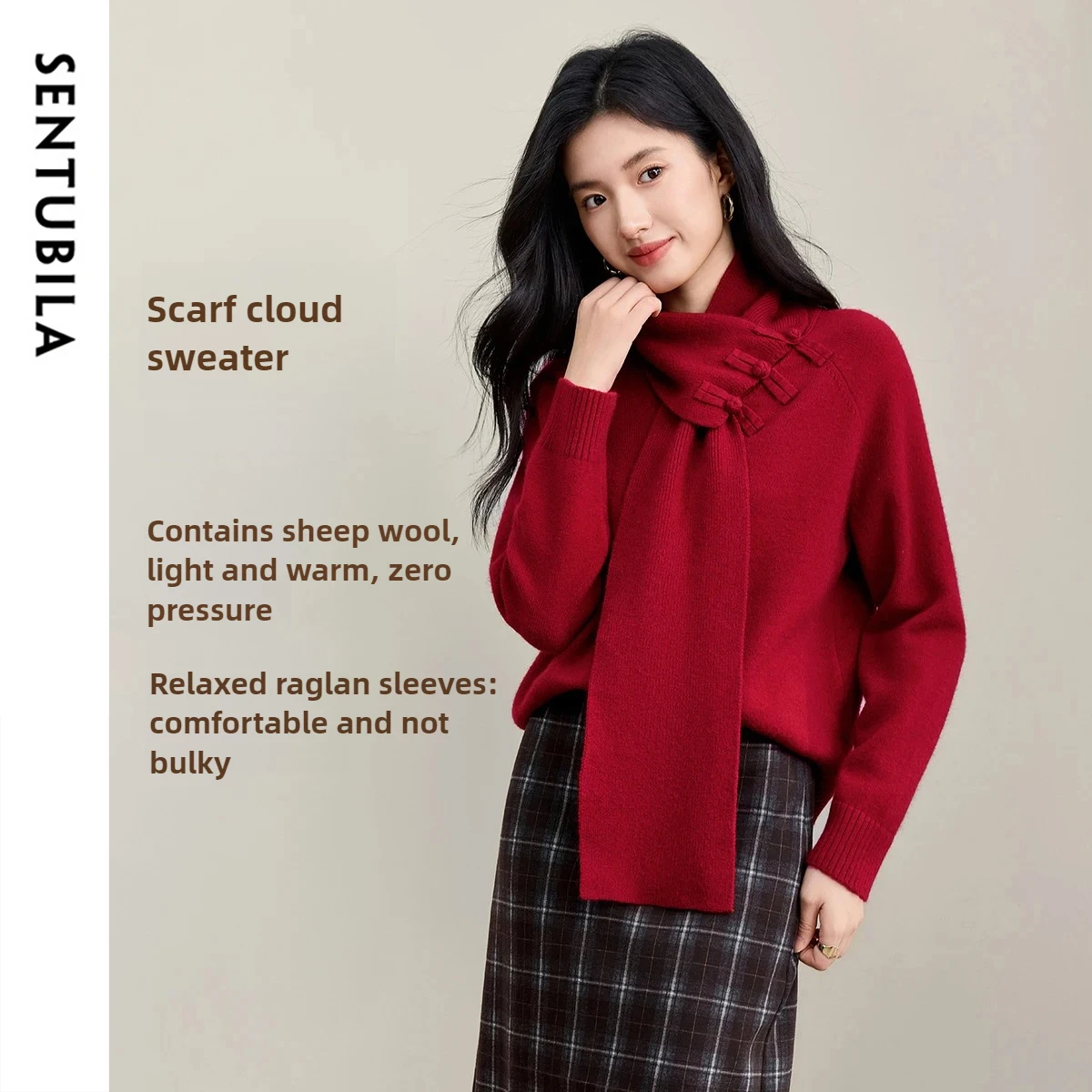 SENTUBILA Damski Sweter Dzianinowy Jesień 2025 Styl Chiński Odpinany Kołnierz Szalik Sweter Luźny Długi Rękaw Top W53EG3490