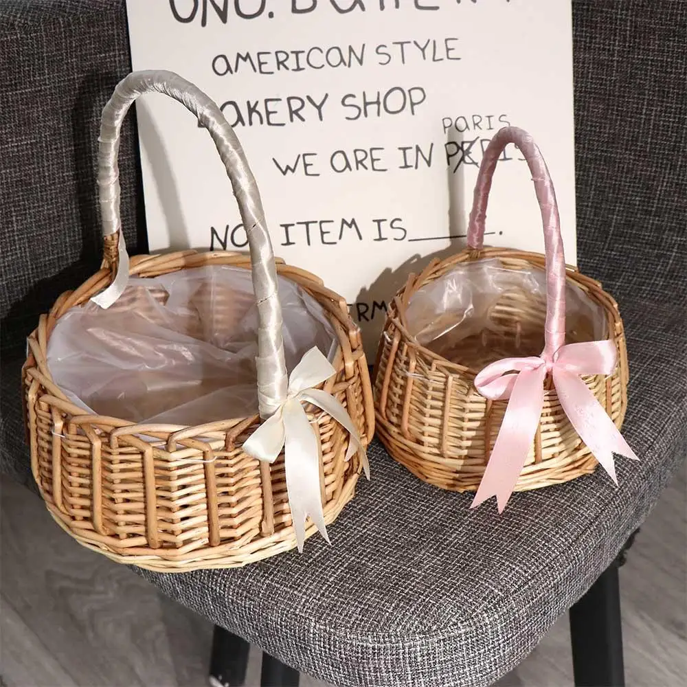 Emulation For home Rattan Wedding Flower Girl Photo Props Clutter Organizer Desktop Decoration Storage Basket Flower Basket