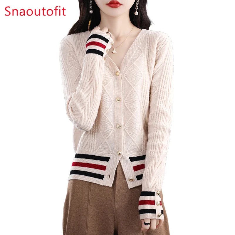 Spring Autumn V-Neck Merino Wool Cardigan Women's Patchwork Color Metal Buckle Knitted Sweater Coat Loose Show Thin Cashmere Top