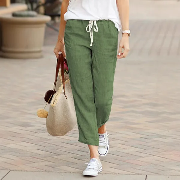 Pant women 2026 casual Spring Autumn New solid color loose casual drawstring elastic Waist cotton linen long pants clothing