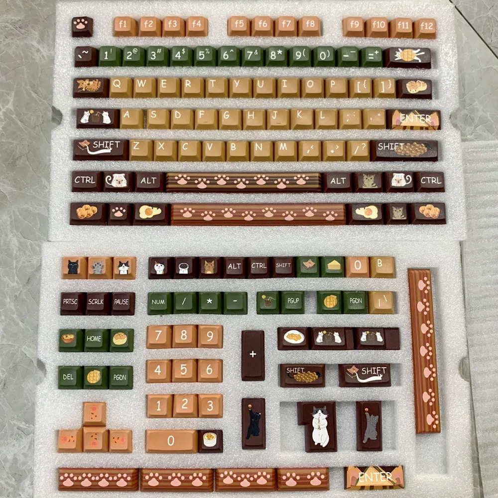 Cat Tea Restaurant Keycap KCA Profile Original Design DYE Sub PBT 142 Keys For Cherry MX Switches RK64 RK87 Mechanical Keyboard