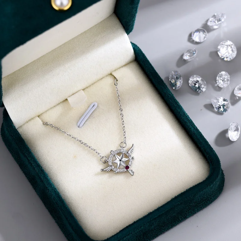 Angel Wing Star Key Pendant Necklace Pave Halo Cubic Zirconia Inspirational Clavicle Jewelry For Women Teen Girls Gift