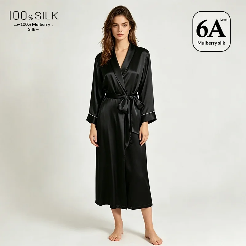 

100% Natural Mulberry Silk Long Nightgown Summer Thin Bath Gown Fashion Kimono Home Wear Ladies Sexy Cardigan Bathrobe Sleepwear