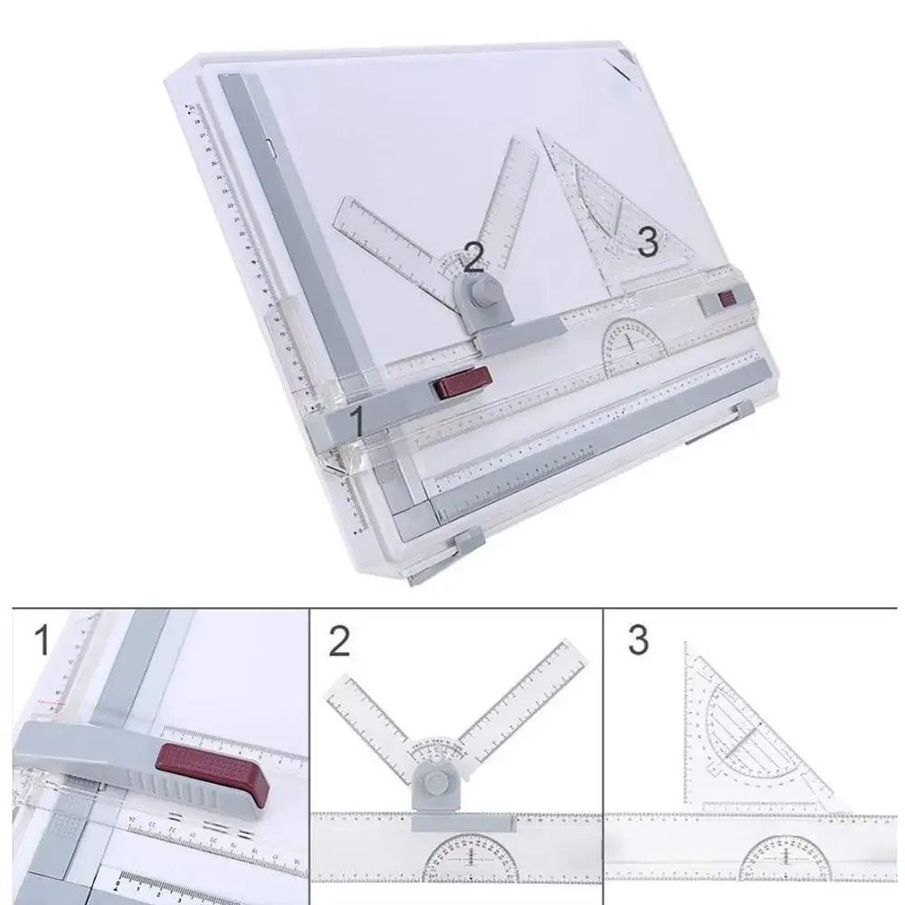 Architect A3 Drafting Drawing Board Ruler Table Adjustable Angle Art Draw Tool Set with 2 Parallel Rulers and Corner Clips