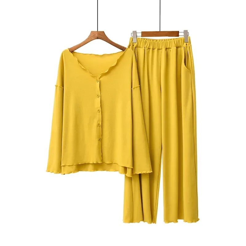 Traje de pijama de algodón de nuevo estilo japonés para mujer, cárdigan de primavera y otoño, pantalones de manga larga de color sólido, traje de