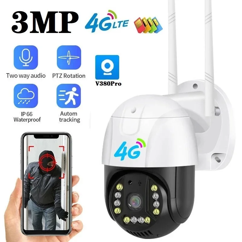 3MP 4G Sim Card Video Surveillance Wireless Camera Auto Tracking Motion Detection Color Night Vision Ai Security Cameras V380Pro