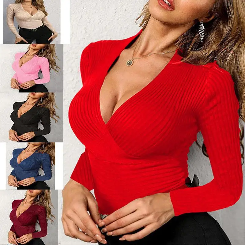 Modny, intelektualny styl, dzianinowy sweter z dekoltem w kształcie litery V, slim fit, seksowna, pikantna dziewczyna, z długim rękawem, dzianinowy t-shirt