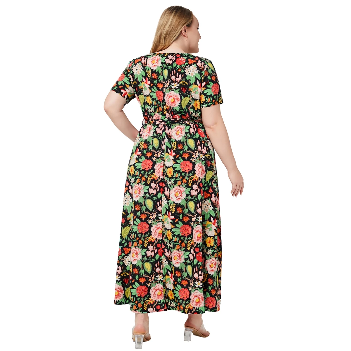 Plus Size lato New Arrival dekolt z krótkim rękawem kwiatowy nadruk sukienki w stylu boho dla kobiet