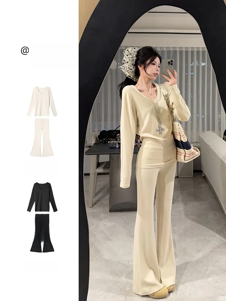 

Chic Casual Pure Color V-ne Flared Pants Set Women's Spring Commute Suit Yang Leisure Overall Two-pieced Set for Teens