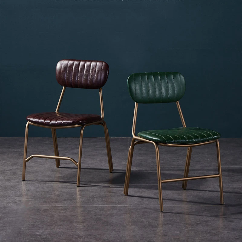 Vintage Backrest Chair, Dark Green Leather Seat, Anti-Slip and Wear-Resistant Chair, Gold Frame Back Chair