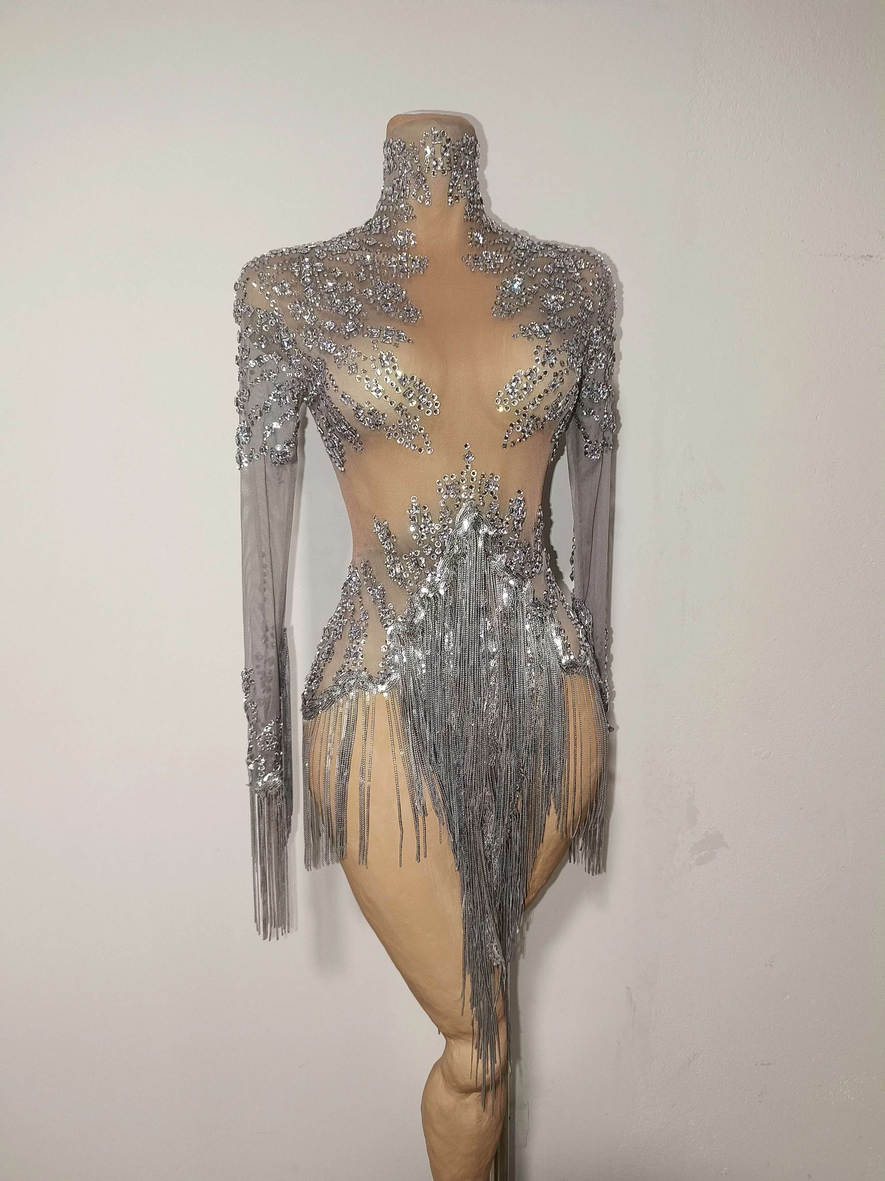 

Luxury Sparkly Rhinestones Tassel Sexy See-Through Dress Women Latin Dance Outfits Bars Nightclub Party Perform Stage Costume