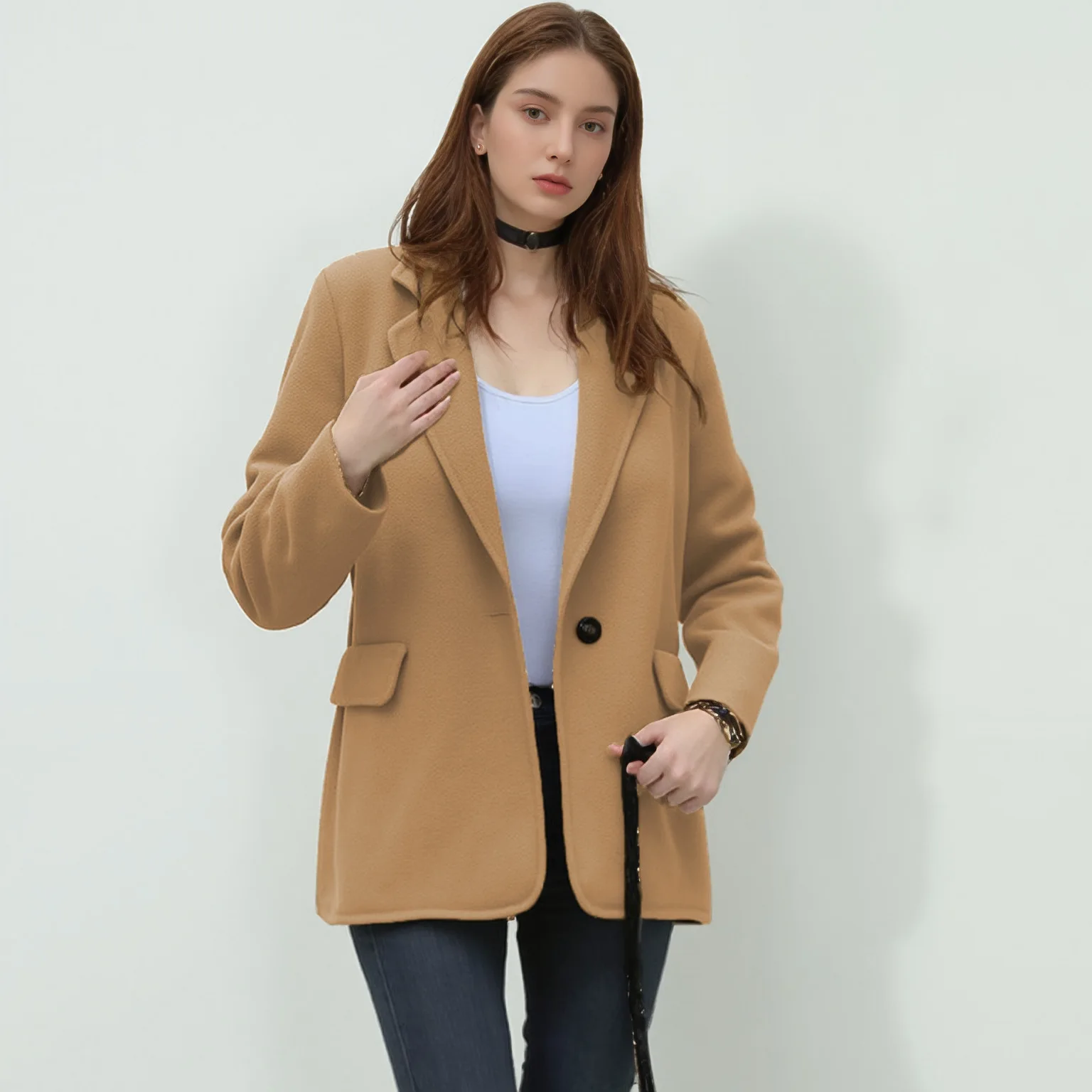 Dames herfst casual wollen reverszak vrouwelijk jasje effen kleur enkele knop pak jas vrouwelijke blazer bovenkleding