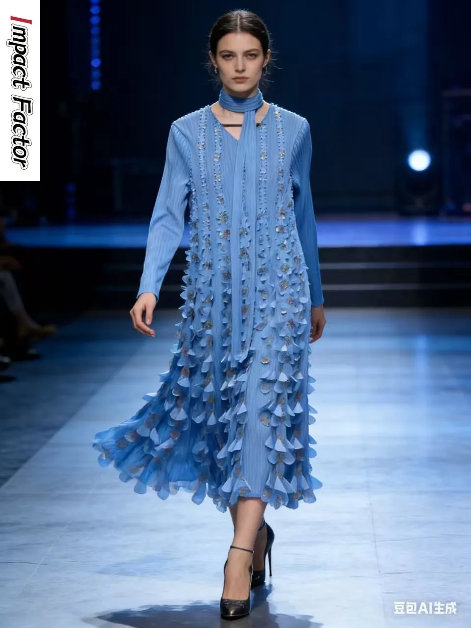 

Miyake Premium Pleated Dress New V-neck Bronzing Sequins Premium Light Luxury Long-sleeved Dress Women's Clothing