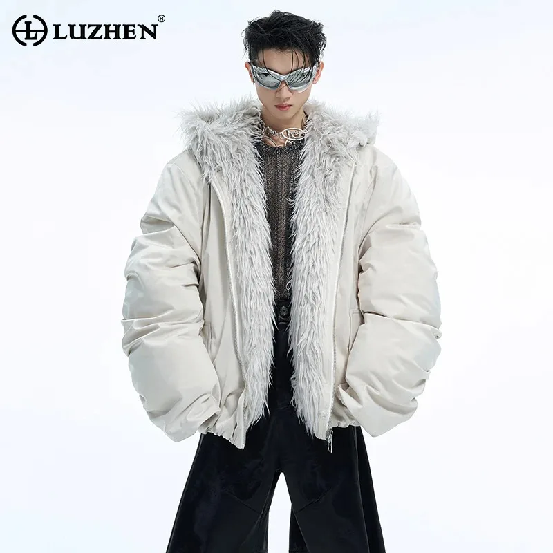 LUZHEN Winter Hooded Cotton Coat Casual Solid Color Faux Fur Patchwork Design Personalized Warm Short Baseball Jacket Men LZ7041