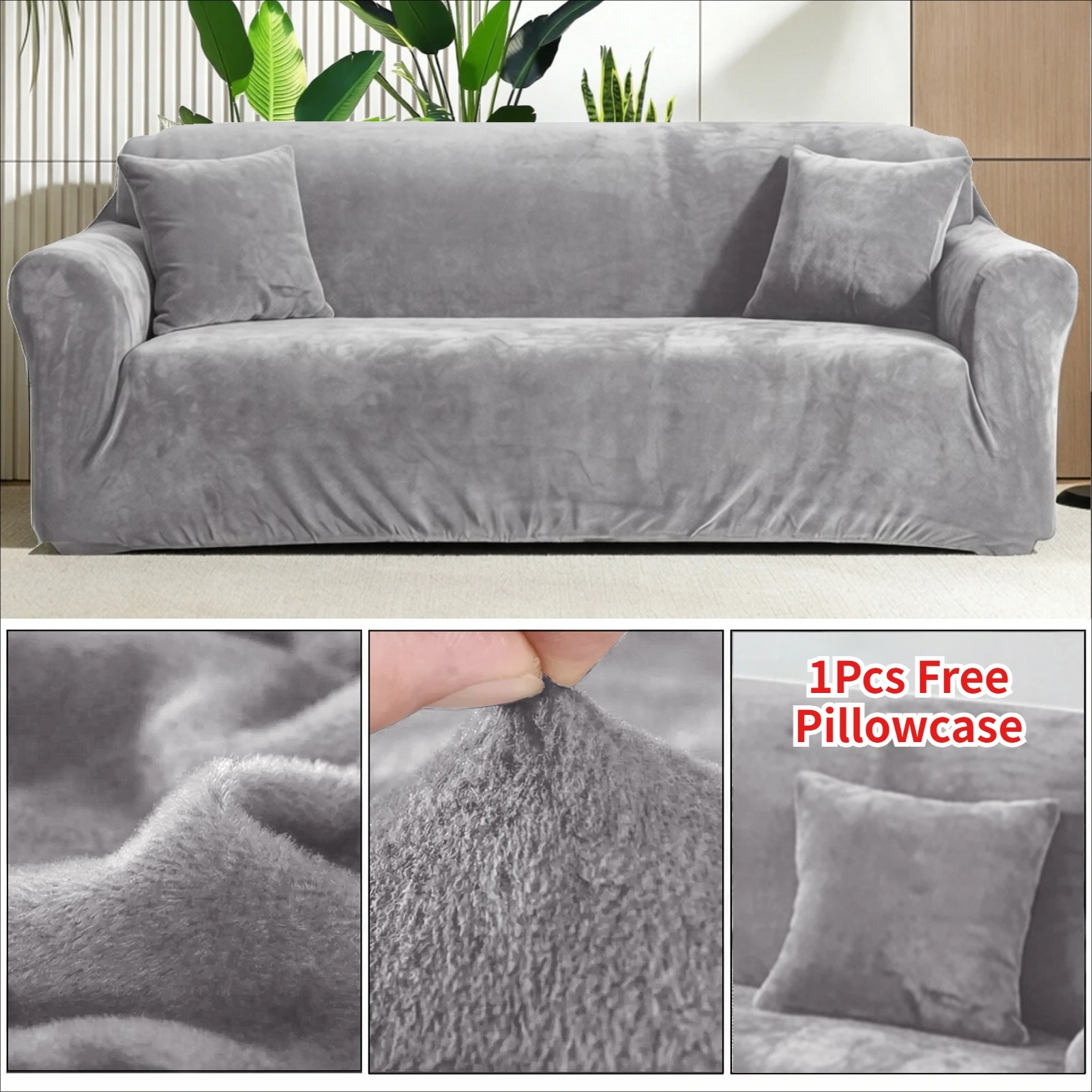 Thick Velvet Sofa Covers 1 2 3 4 Seater Stretch Non-Slip Couch Cover Furniture Protector Plush Sofa Slipcovers with 1 Pillowcase