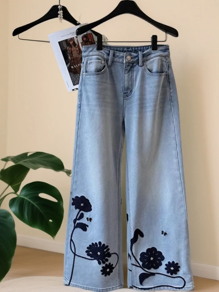

High Waist Straight Leg Embroidered Jeans Versatile Slimming Long Pants for Women Spring Season Casual Sle Wide Leg Pants